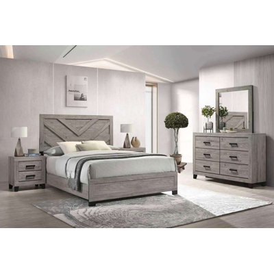 King 5-Piece Transitional Bedroom Set with Chevron Panel Bed, Dresser, Mirror, and Two Nightstands in Solid and MDF Wood