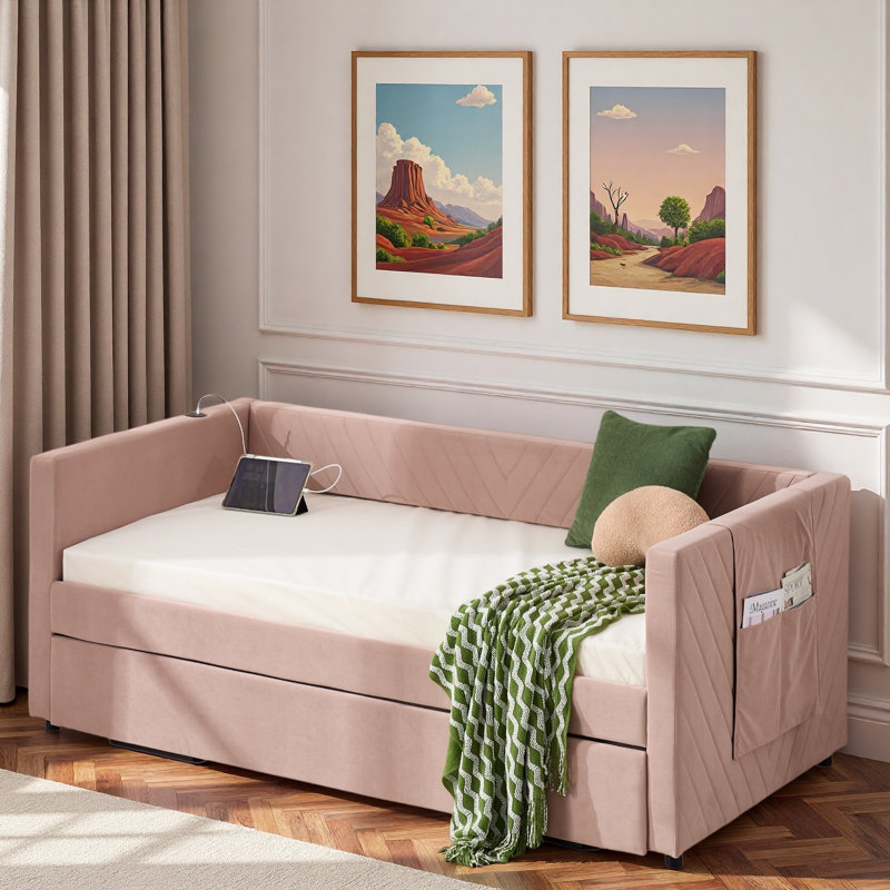 Upholstered Daybed With Trundle, Usb Port And Side Pockets, Pink