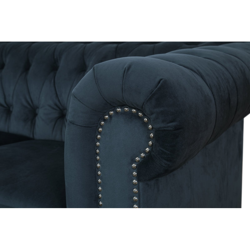 Canapé Chesterfield à accoudoirs roulés 87 po Finbarr, Velours bleu marine