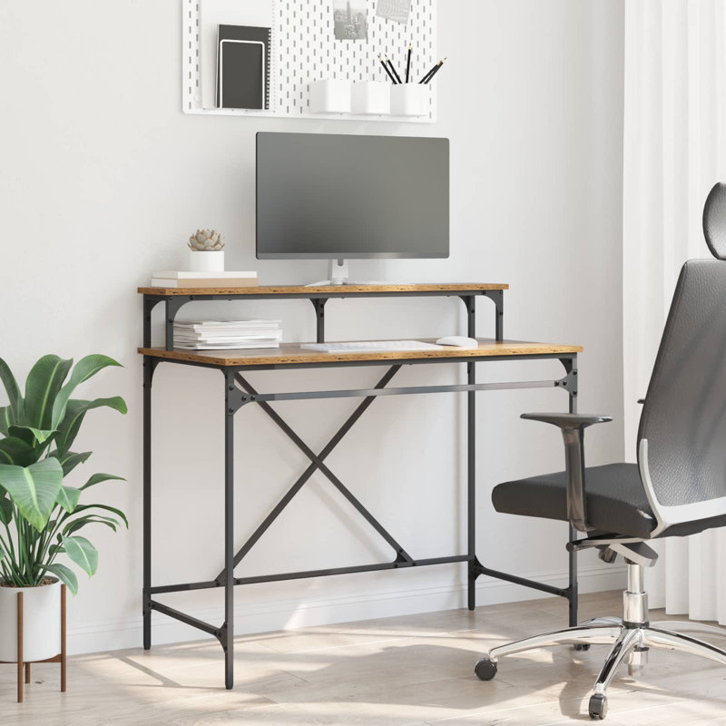 Metal Base Computer Desk, 90cm. H x 100cm. W x 50cm. D, Old Wood