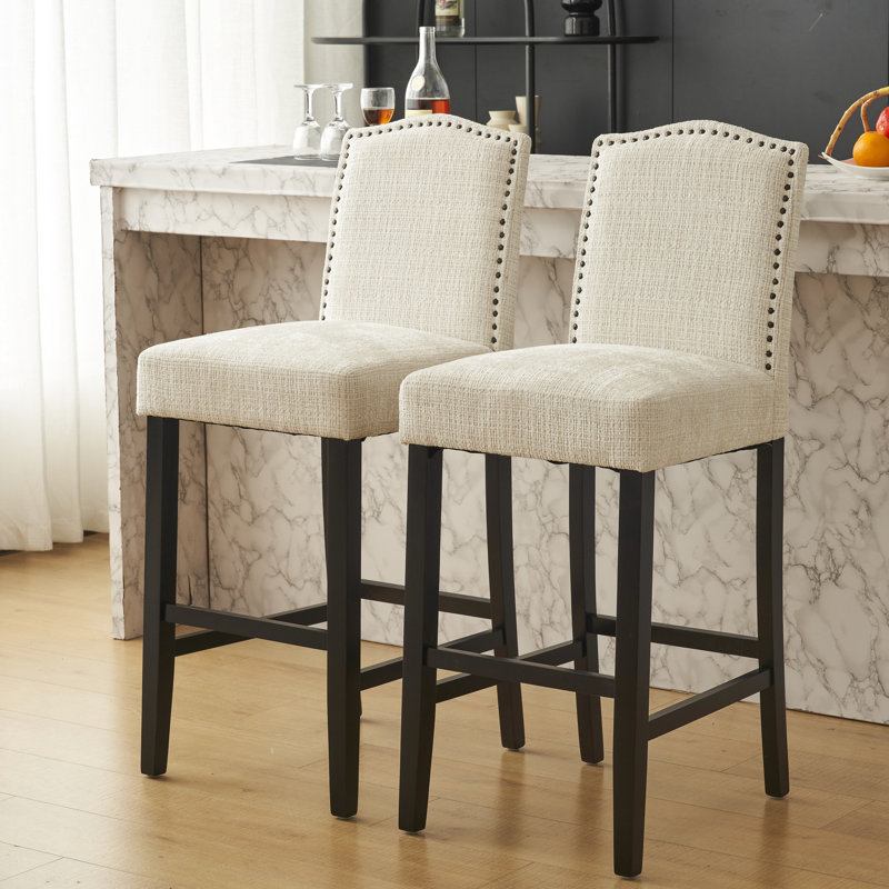 De 2 tabourets de bar à hauteur de comptoir - assise en tissu beige avec base en bois d'hévéa de qualité pour la cuisine Capacité de charge maximale de 300 lb (2) Pieds pleins en mousse