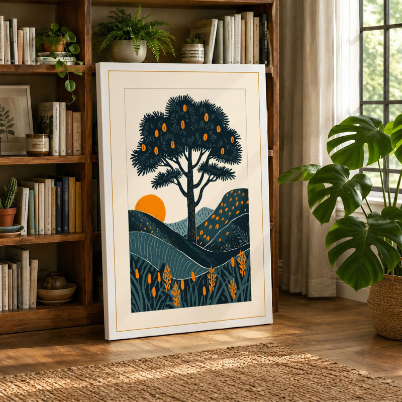 Tree at Sunset Minimalist - Wrapped Canvas, 18x12 - 45.7 x 30.5 cm, Taupe Border