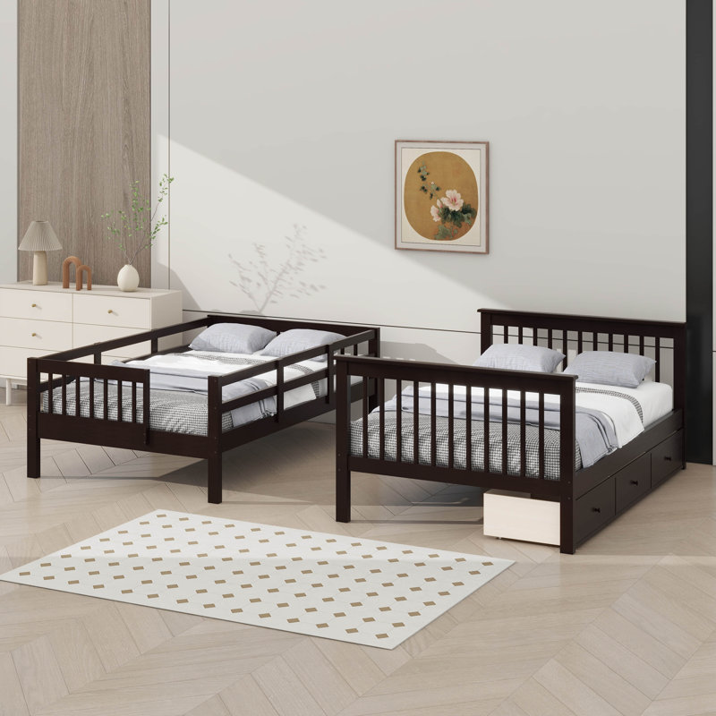 Lit superposé double sur lit double pour chambre à coucher, avec tiroir, espace de rangement et garde-corps sur escalier