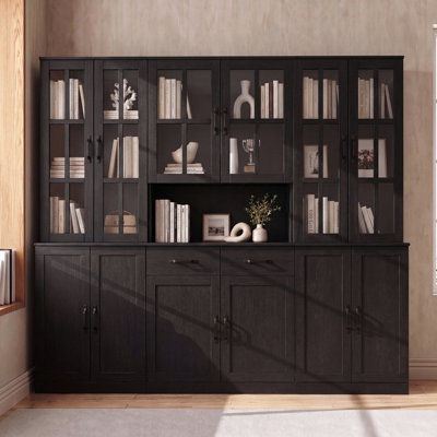 71" H x 78.8" W Bookcase with Glass Doors and Drawers