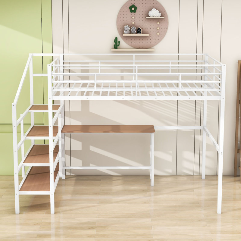 Full Metal Loft Bed With Built-In-Desk And Shelves And Stairs, White