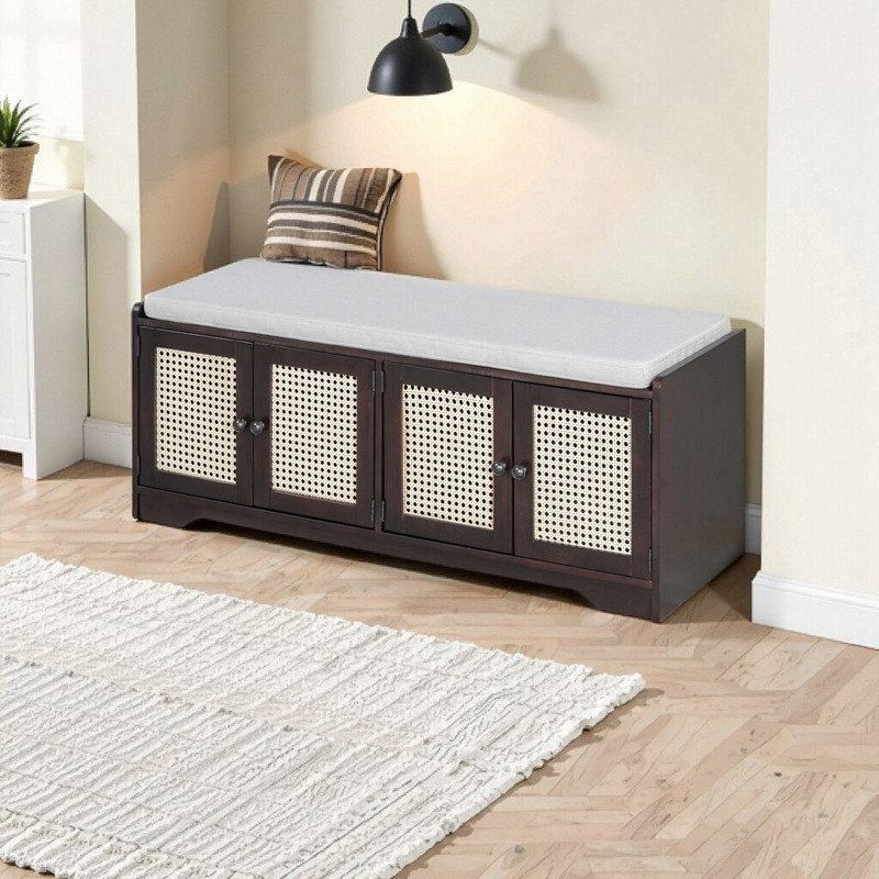 Banc de rangement d'entrée rustique de 47,4 pouces avec portes en rotin tissé, tablettes réglables et coussin amovible