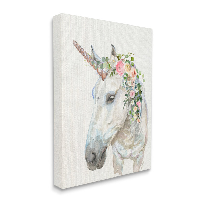 «Unicorn & Flower Garland», art mural sur toile par Jennifer Redstreake, H 20 po x l 16 po