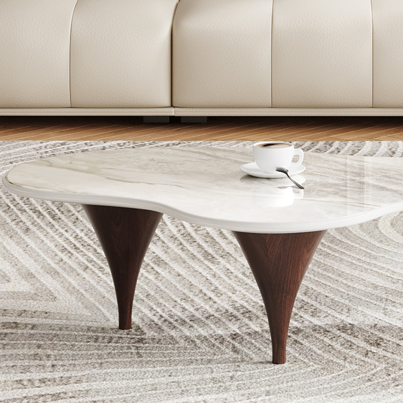 54.8" Modern White Sintered Stone Top Coffee Table with Three Brown Legs, Cloud Living Room Table for Living Room, Office