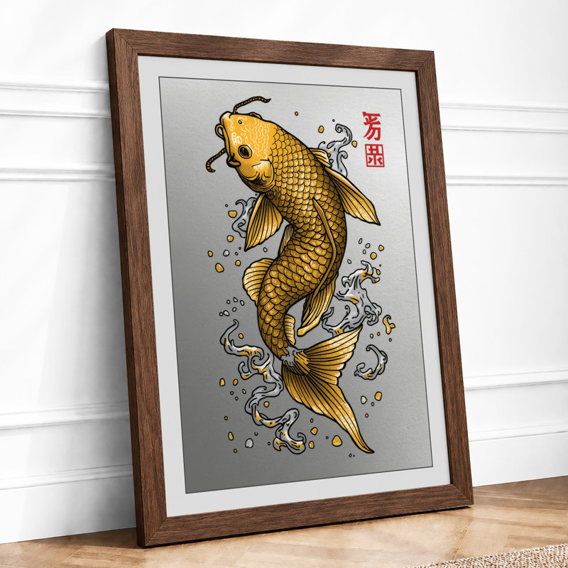 Golden Koi Rising Japandi - Framed Print, Walnut, A4 - 29.7 x 21.0 cm
