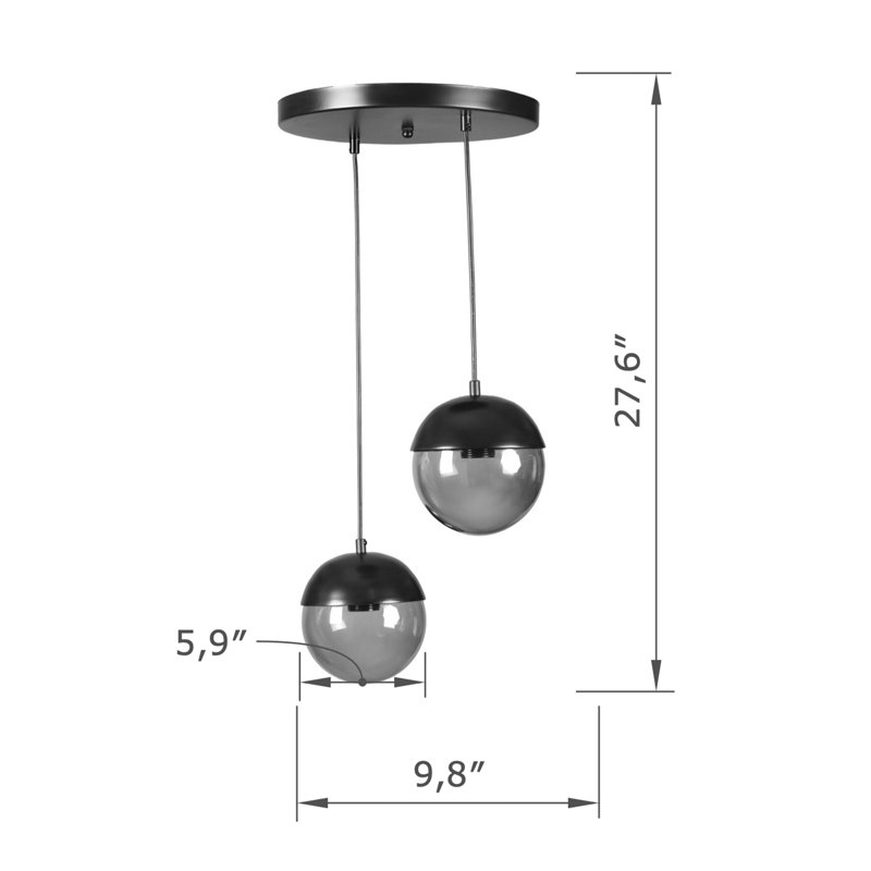 Luminaire suspendu en métal à hauteur réglable 2 lumières avec capuchon en métal, Gris