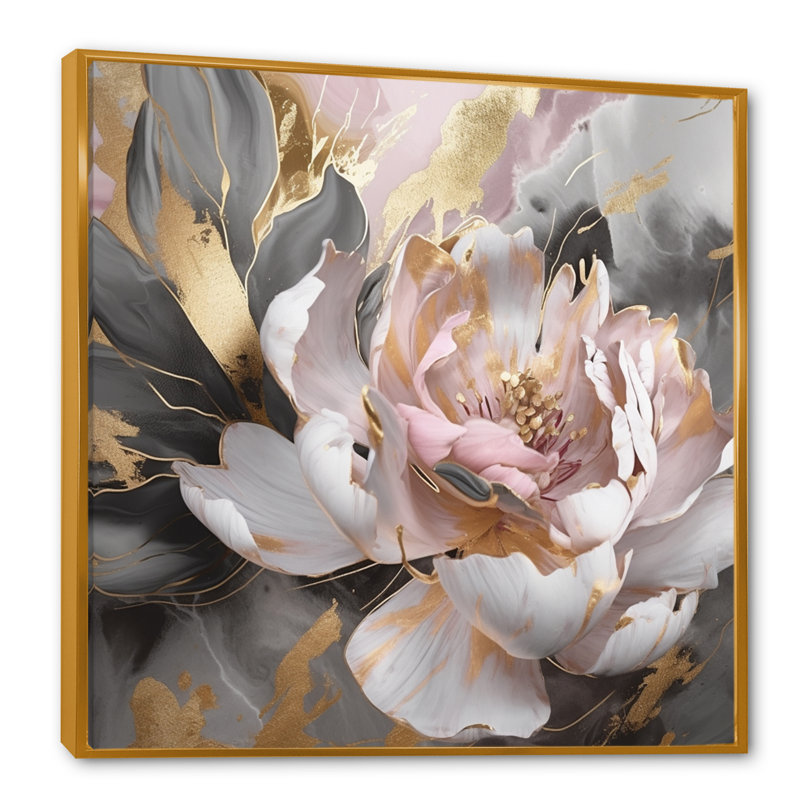 Marbre rose doré, pivoine fleur IV - Abstrait marbré, impressions sur toile, H 36 po x l 36 po, Cadre flottant doré