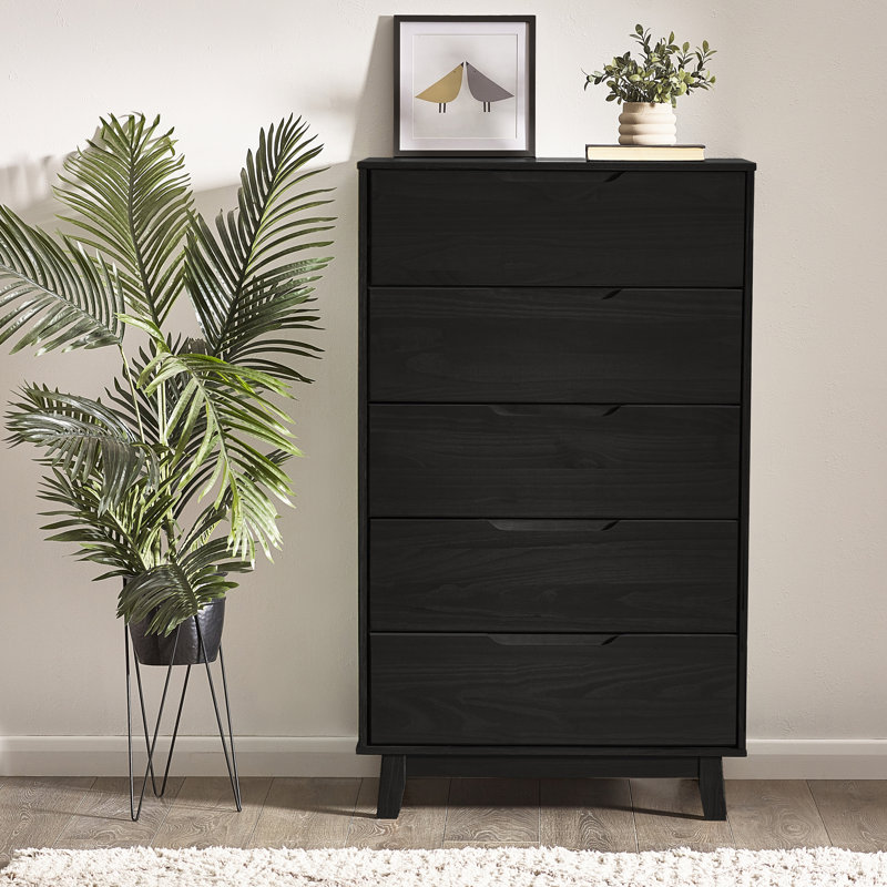 Jerred 5 Drawer Solid Wood Chest, Black Grain