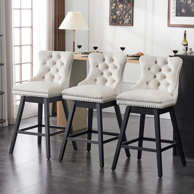 Bar Height Bar Stools Set Of 3 – Upholstered Swivel Bar Stools For Kitchen Island, Modern Design With Thickened Cushions, Backs, And Solid Wood Legs