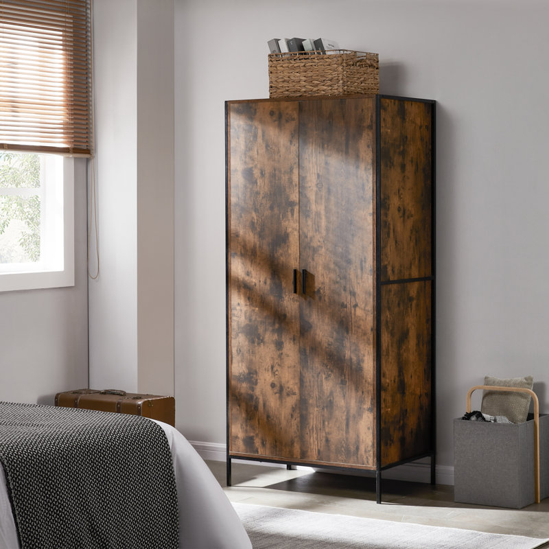 Oscar 2 Door Industrial Wardrobe With Storage Shelf, Hanging Rail and Solid Metal Frame, Dark Wood
