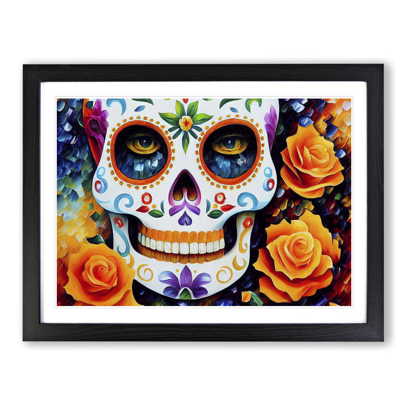 XH1022-2587X Decorated Floral Sugar Skull 1 Piece Single Picture Frame Wall Art, 46cm H x 64cm W x 2cm D, Black