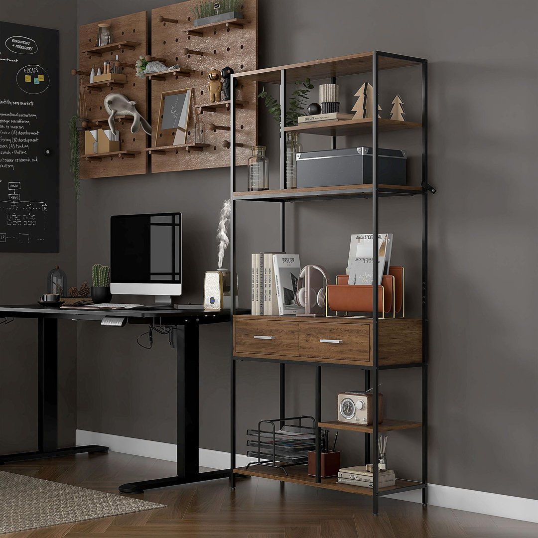 5 Tier Bookcase, Industrial Book Shelf With 2 Drawers And Metal Frame, Bookshelf For Home Office, Study, Living Room, Brown