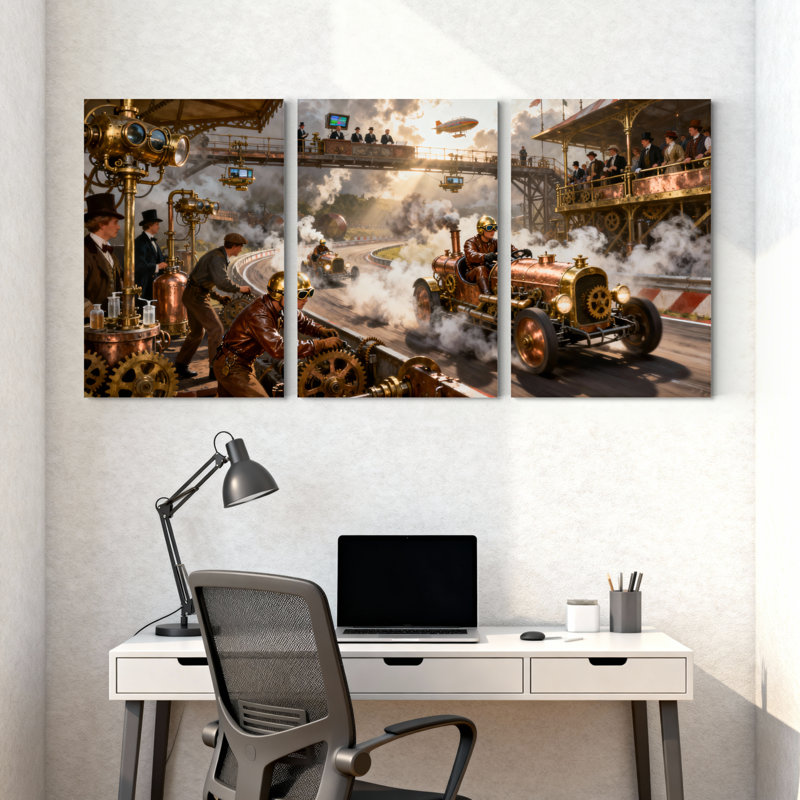 Fantaisie et science-fiction, scène de course Steampunk avec machines en cuivre, ensemble de 3 impressions sur toile