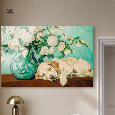 Art moderne en acrylique «Rose Vase Puppy» par Art Remedy, prêt à être suspendu