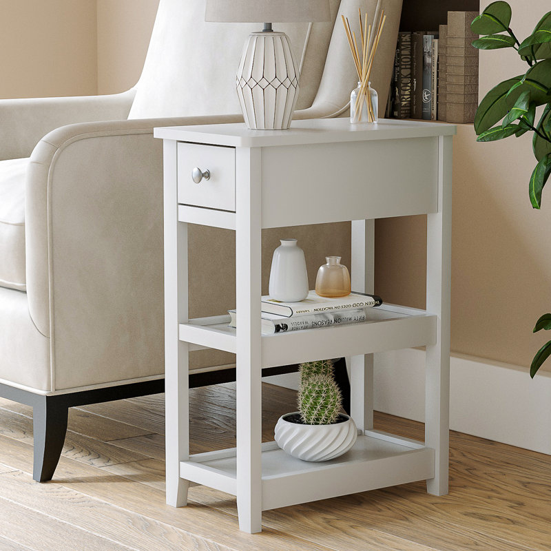 24'' Tall End Table, Narrow Side Table with Drawer and Shelves for Small Space, White