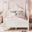 Lit plateforme double pleine grandeur avec tête de lit courbée élégante et cadre à quatre colonnes, beige