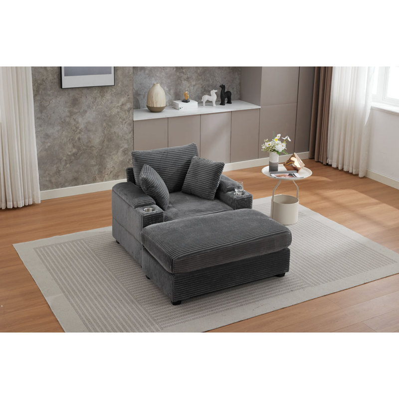 Canapé en méridienne rembourré avec repose-pieds et porte-gobelets Corduroy, Gris