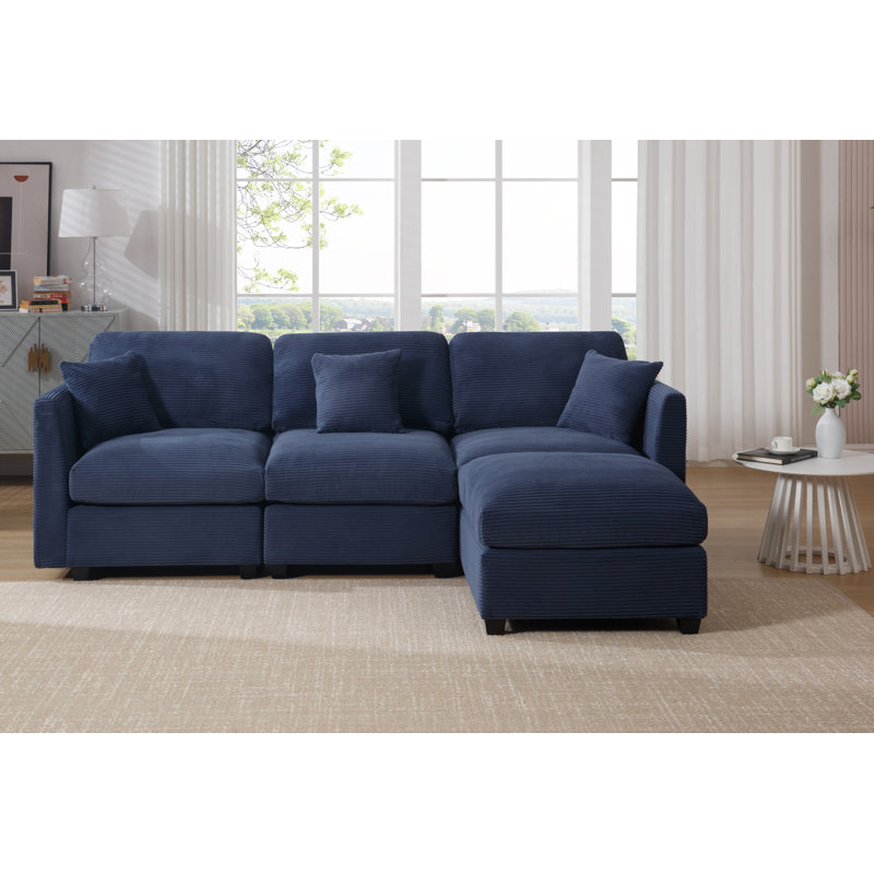 Bustamante 4-seats L-shape Sofa Couch With Ottoman, Dark Blue