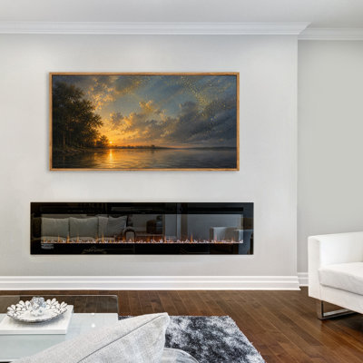 Framed Golden Fireflies Over Water Canvas Wall Art, Large Horizontal Nature Artwork for Living Room 60"W x 30"H