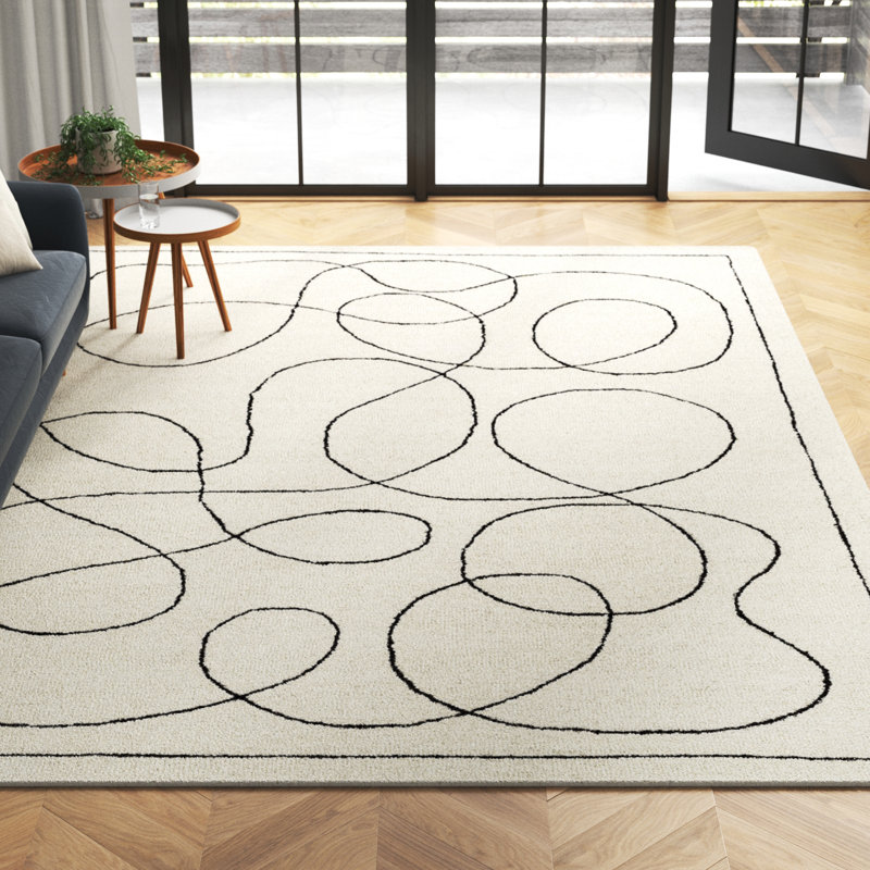 Ashaad Rectangle Geometric Handmade Tufted Wool Area Rug in Ivory, Rectangle 8'10" x 12'
