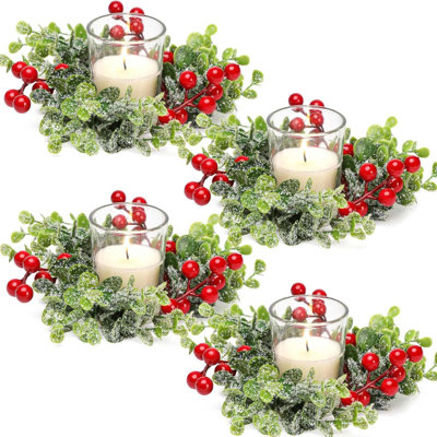 Anneau de bougie de Noël, 4 pièces avec couronne de bougie de Noël pour table de Noël, centre de table, décoration, fête