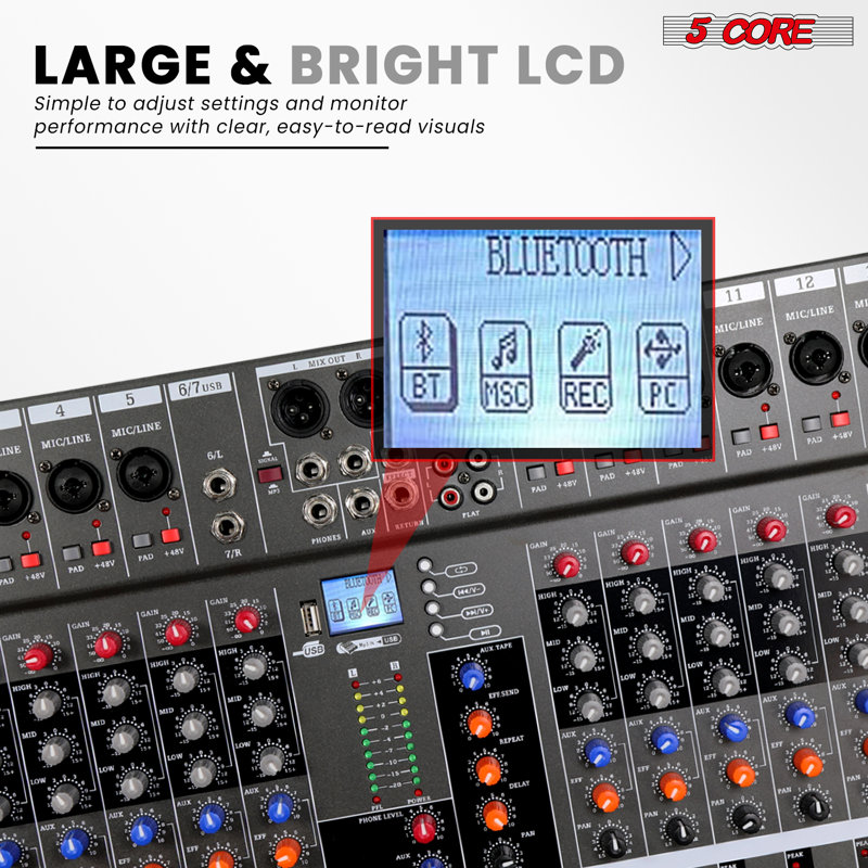 Console de mixage Bluetooth à 5 canaux avec table de mixage audio à 5 canaux et console de mixage Bluetooth avec retard de répétition + 48V