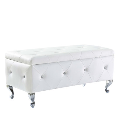 Practical Rectangular White Faux Leather Storage Bench With Metal Legs And Flip - Top For Living Room Vanity Elegant Modern Hinge Porch Seat
