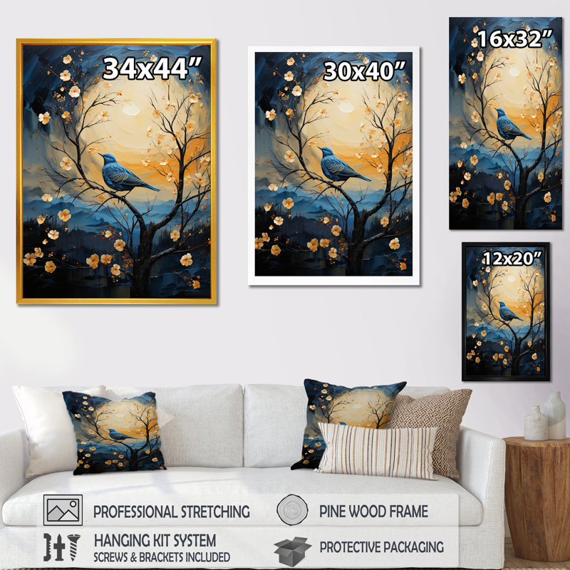 «Springtime Blue Bird Singing Blooms II», art mural oiseau, Cadre simple blanc, H 44 po x l 34 po x P 1,5 po