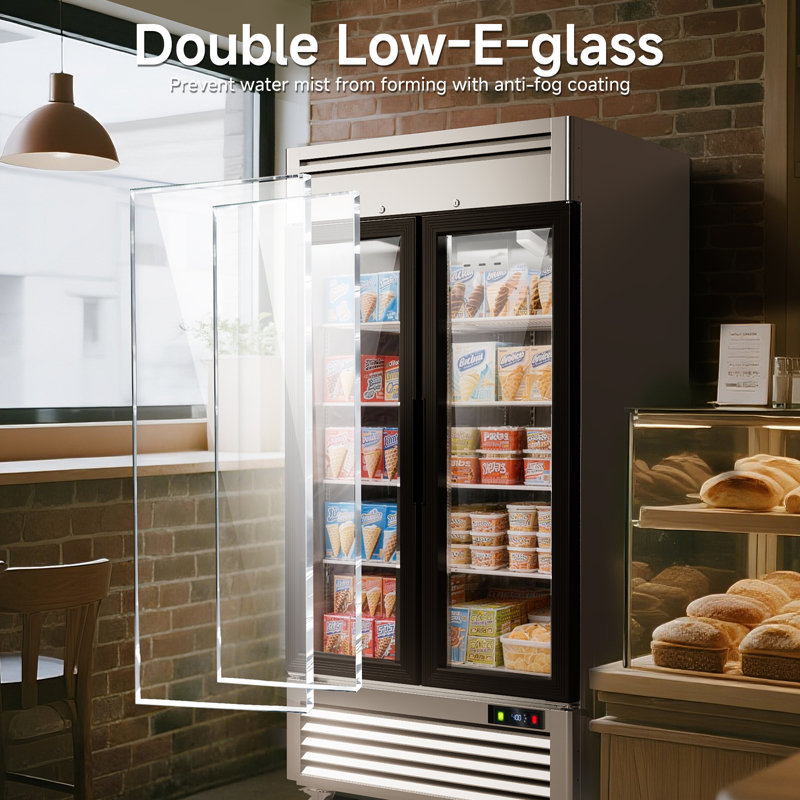 Coolake l 40 po x 36 pieds cubes Réfrigérateur commercial de boissons, réfrigérateur commercial de dégivrage automatique avec 2 portes en verre, réfrigérateur en acier inoxydable avec lumière DEL pour le bureau, la boulangerie