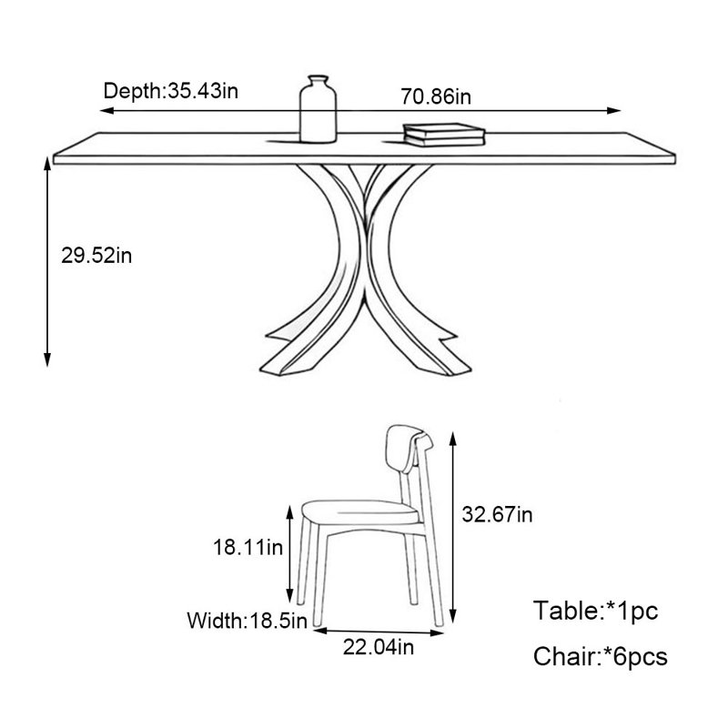 Matte rock plate walnut dining table set, 29.52"H x 70.86"L x 35.43"W