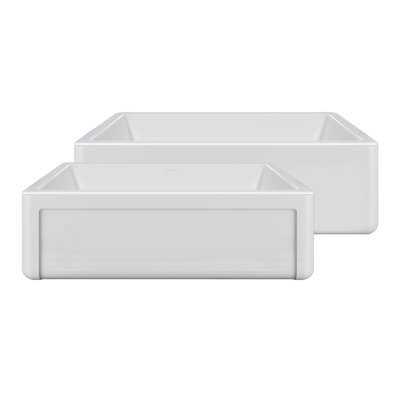 Évier de cuisine réversible en argile réfractaire avec grille Whitehaus: cadre à trois bords, tablier frontal uni