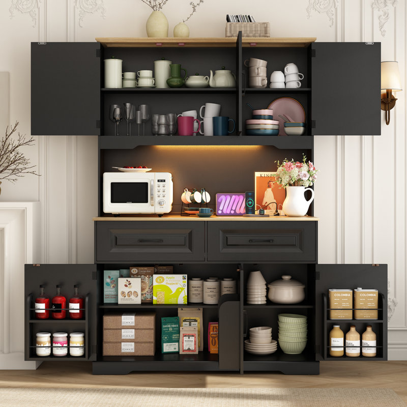 Cage Farmhouse Pantry, armoire de 71 po de hauteur avec prise de courant, éclairage à DEL, 2 tiroirs, 8 portes et rangement ouvert pour la cuisine et la salle à manger