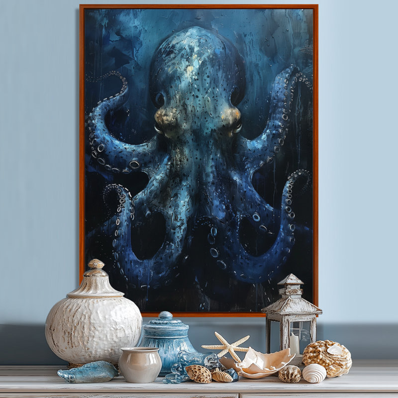 Bleu pieuvre géante créature - créatures marines, art mural salon, H 12 po x l 20 po, Cadre flottant brun