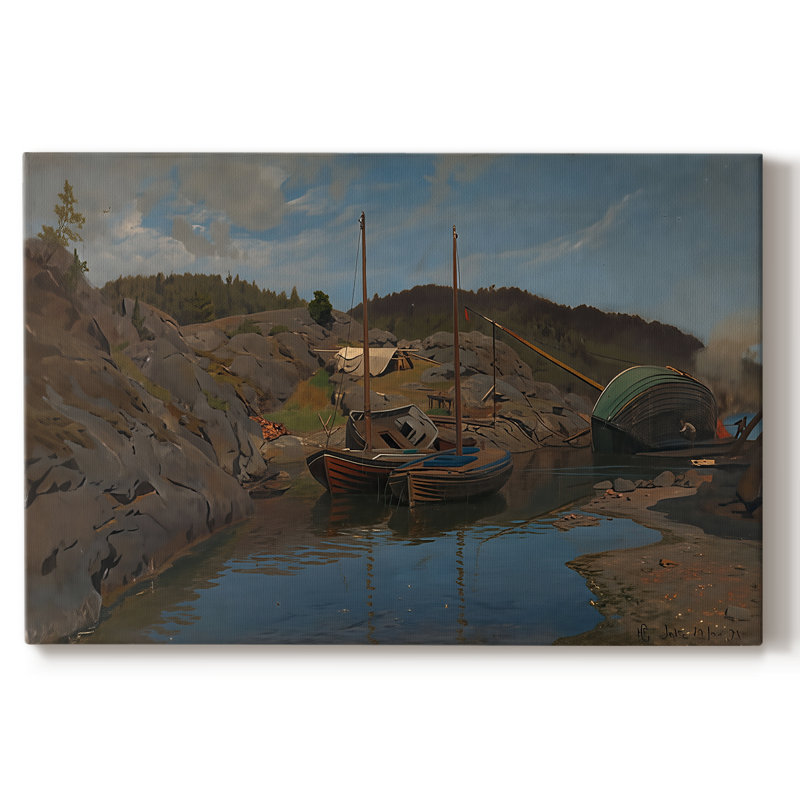 Bateaux sur le rivage - Hans Gude - Toile tendue avec châssis-c. 1870, 18 x 27