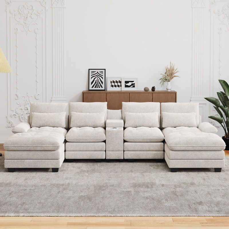 Canapé modulaire surdimensionné en chenille avec deux repose-pieds amovibles console de rangement avec porte-gobelets USB et haut dossier