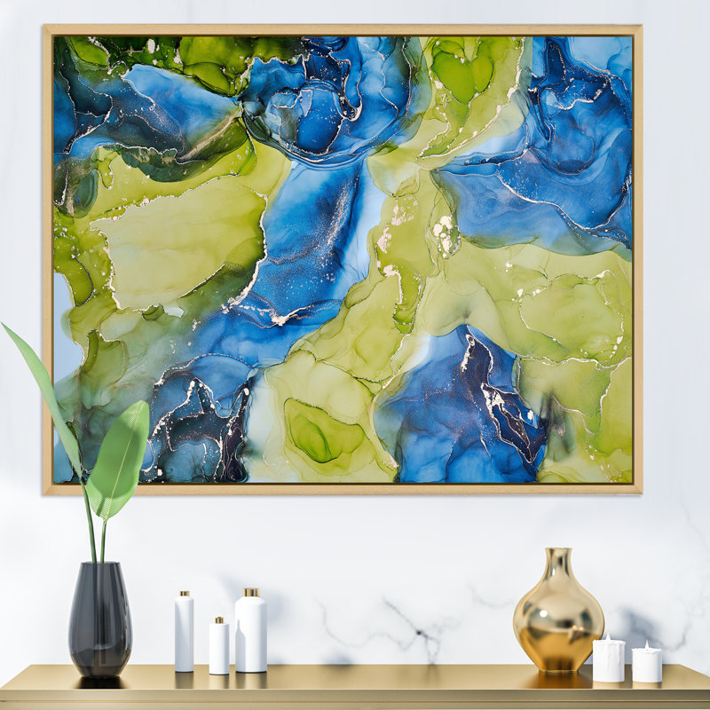 «Blue and Green Luxury Abstract Fluid», peinture sur toile, H 12 po x l 20 po x P 1 po, Cadre flottant en érable