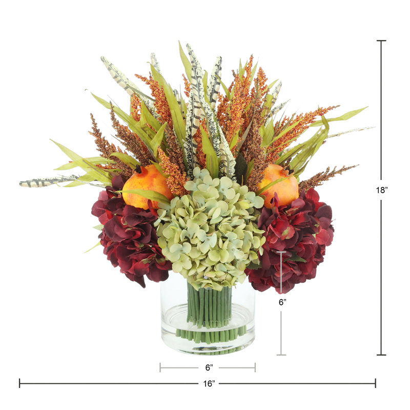 Fall Arrangement with Hydrangeas and Thistle, Green/Burgundy/Orange