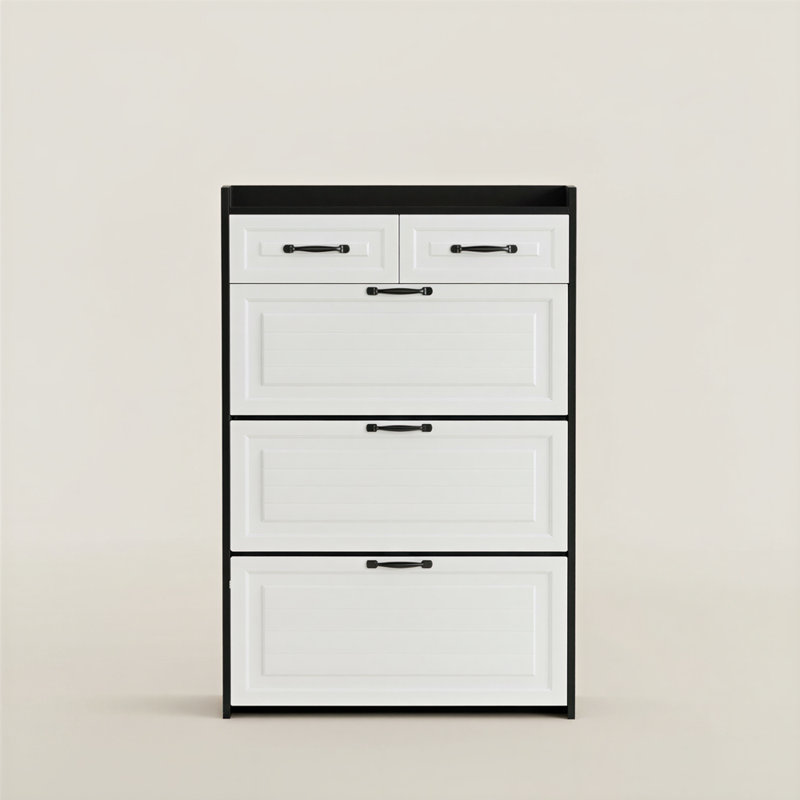 Tipping Bucket Shoe Cabinet with Drawers, Modern Entryway Organizer in White and Black Finish