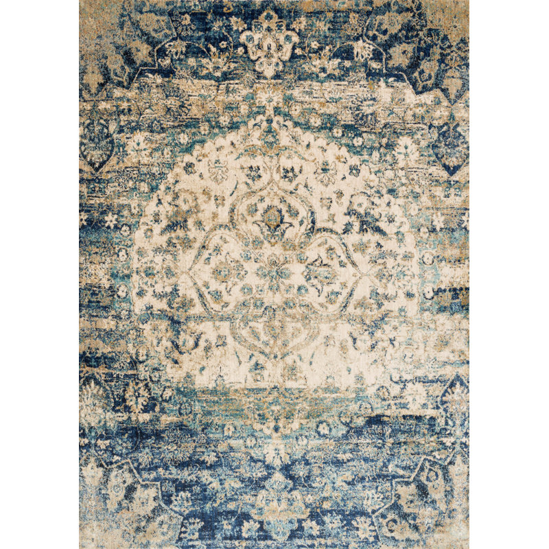 Tapis oriental beige / bleu Goggin, Rectangle 2 pi 7 po x 4 pi