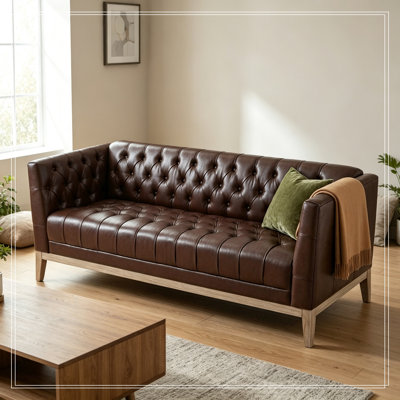 3 Seater Faux Leather Sofa with Button Tufted Design and Wood Legs