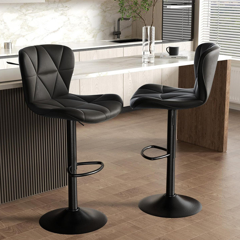 Black Adjustable Swivel Faux Leather Bar Stools Set of 2