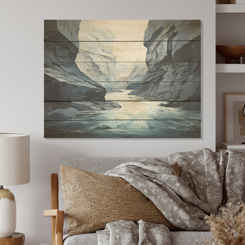 Bleu And Grey Canyon Scenery - Canyon Wood Wall Art On Natural Pine Wood, 10" H x 20" W