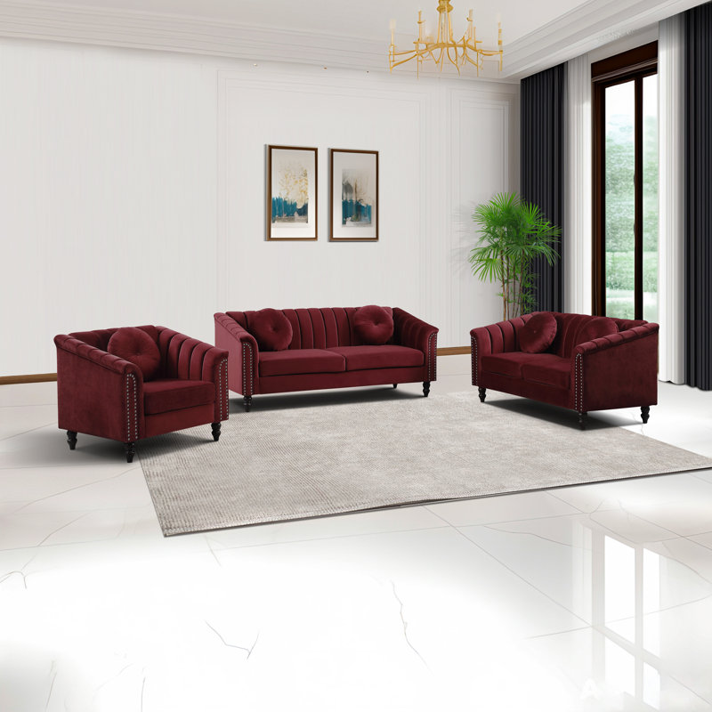 Ensemble de salon en microfibre 3 pièces, Microfibre / suédine rouge