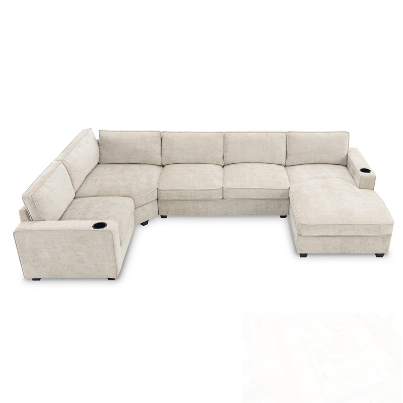 U-Shaped Chenille Sectional Sofa With Cup Holders And Wide Seat, Beige Chenille