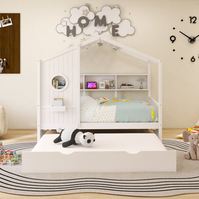 Wood Frame Twin Size House Bed With Trundle And Storage Shlef