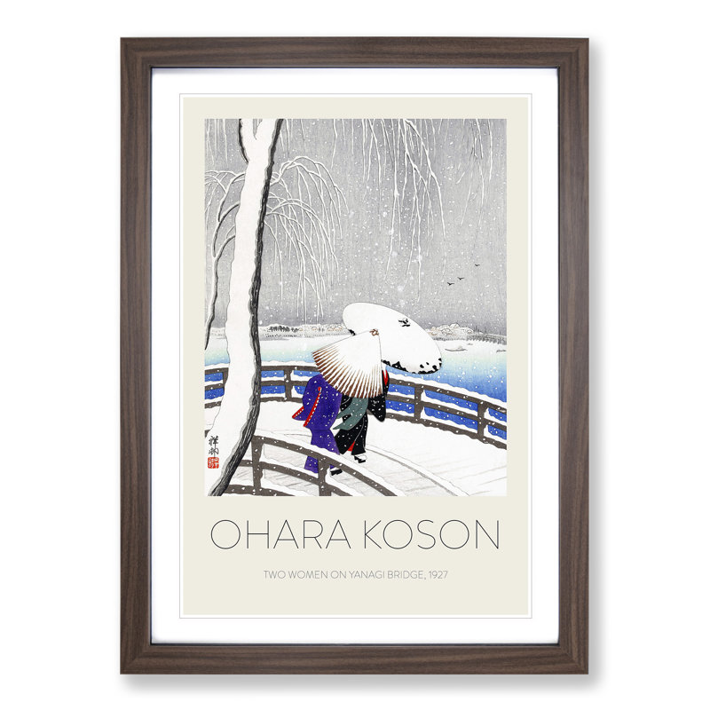 Two Women on Yanagi Bridge by Ohara Koson - Picture Frame Art Prints, 48cm H x 36cm W x 2cm D, Walnut